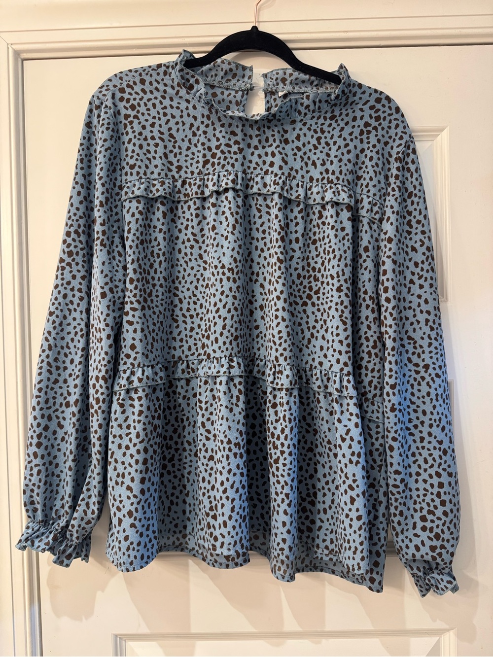 Blue Animal Print Ruffle Blouse | Mock Neck | Long Sleeve | Size XL